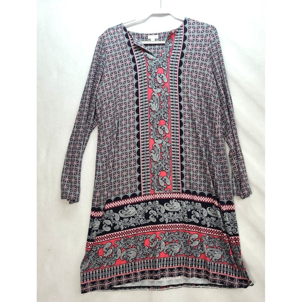 J Jill‎ Midi Kaftan Dress L Multicolor Geometric Paisley Henley Neck Long Sleeve